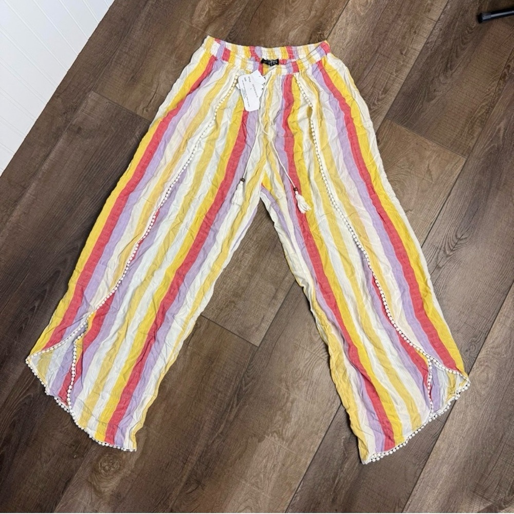 Women's Gaucho Pants Size Large ANGIE Pastel Stripe Wide Leg Pull On Boho Hippie
